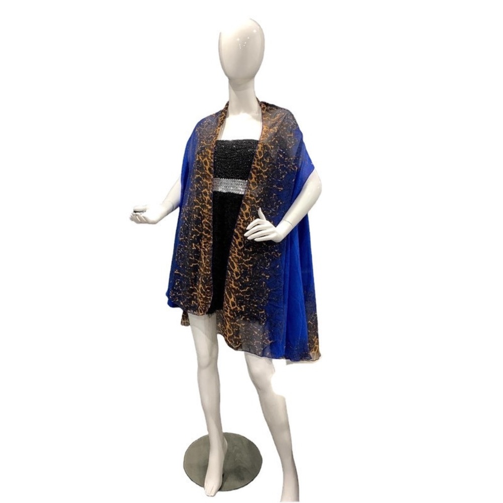 Electric Blue & Leopard Print Sheer Chiffon Shawl Vest | Open Front Wrap | OS